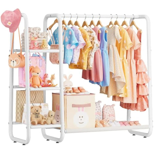 Kids Dress Up Storage with 4 Storage Shelf, More Storage Space Kids Clothing Rack for Costume Organizer Playroom Kids Girls Bedroom Nursery Organizer (Classic, White)