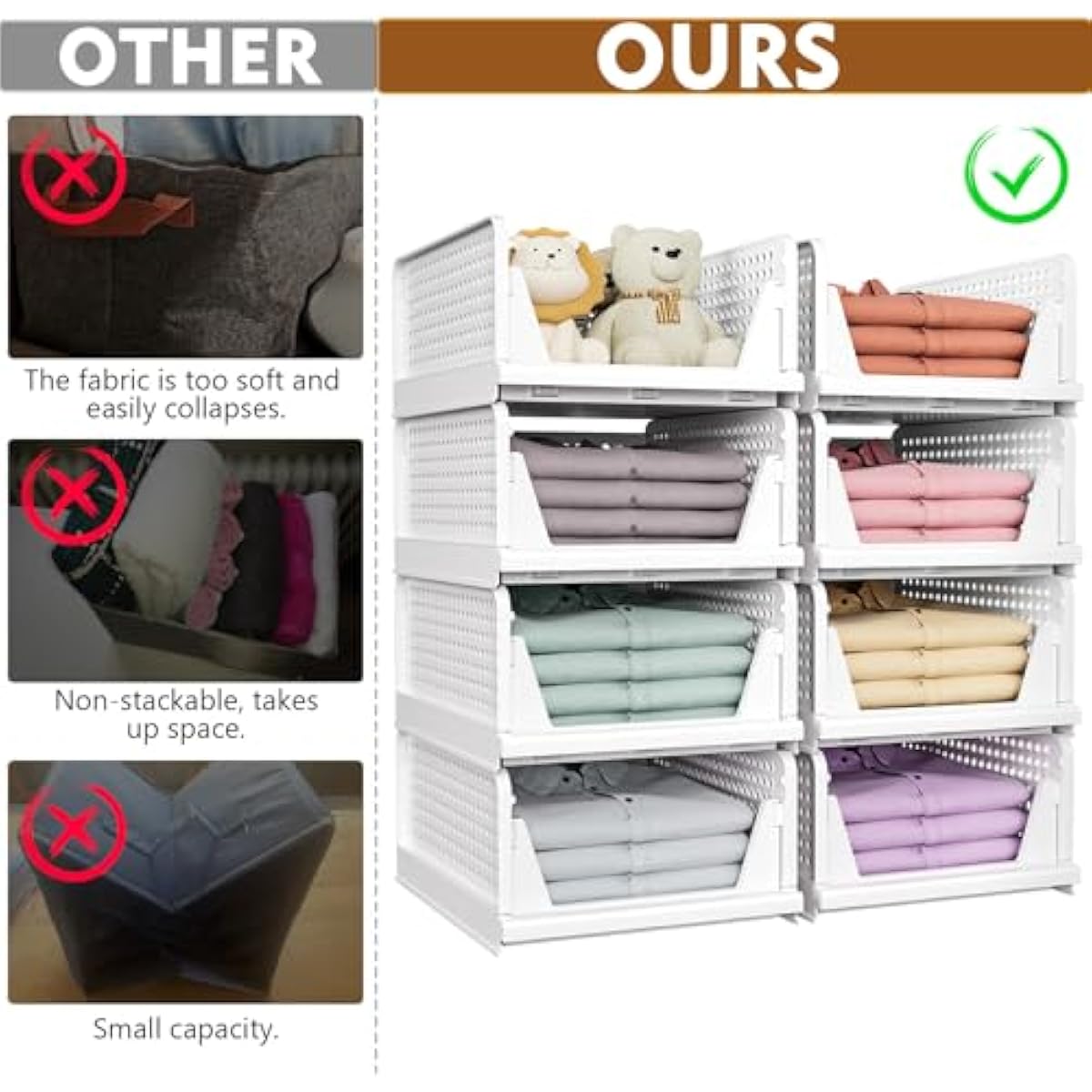 SNSLXH 5 Pack Stackable Closet Organizer Box, Multifunctional & Foldable Closet Storage Basket for Bathroom Kitchen Laundry Room Wardrobe Storage, Space-Saving Clothes Storage Drawer Organizer, Pink
