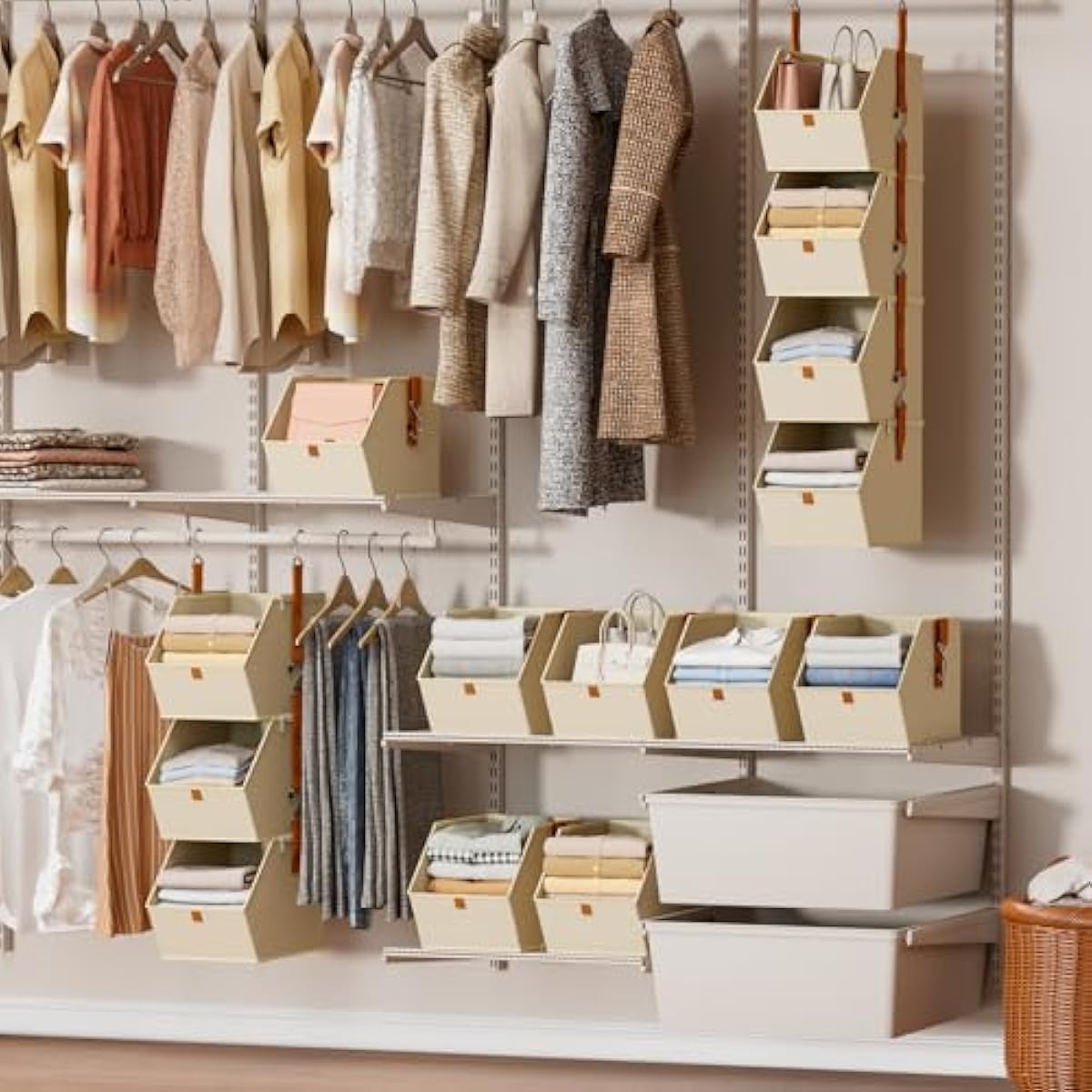 Hanging Closet Organizer 4 Tier - Clothes Hanging Shelves, Space-Saving Closet System, Fabric Storage Bins Bedroom Organization, Collapsible Baskets for Home, Dorm, Rv, Beige