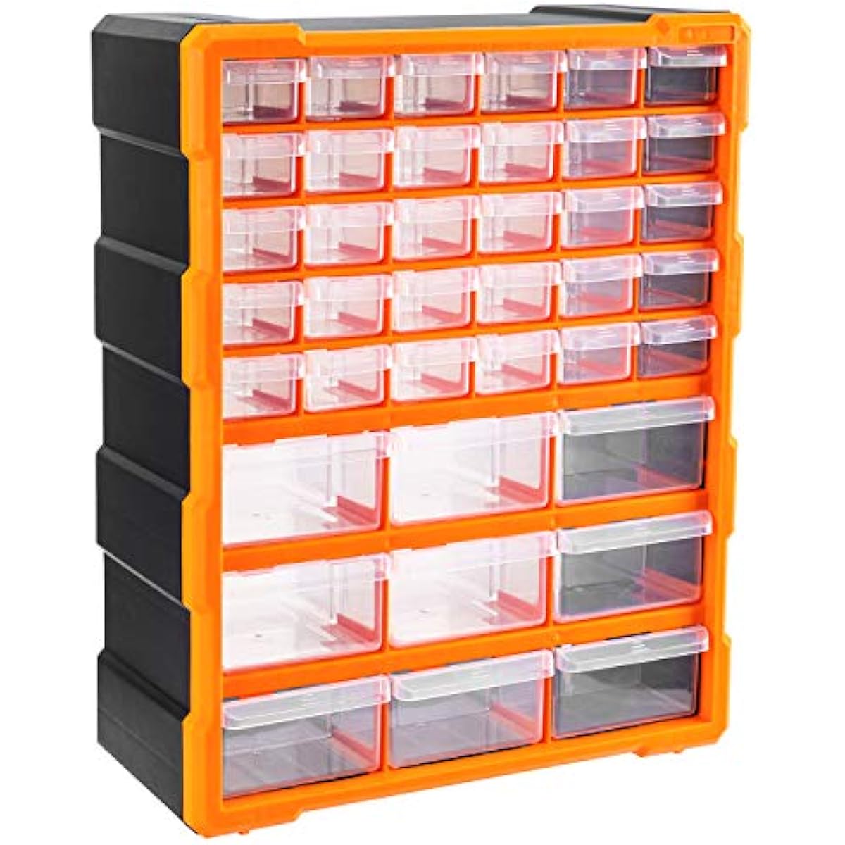 Amazon Basics Wall Mount Hardware and Craft Storage Cabinet Organizer with 39 Drawers, Plastic Garage Organization System with Dividers for Small Parts, Black, Orange, 15" x 6.3" x 18.6"
