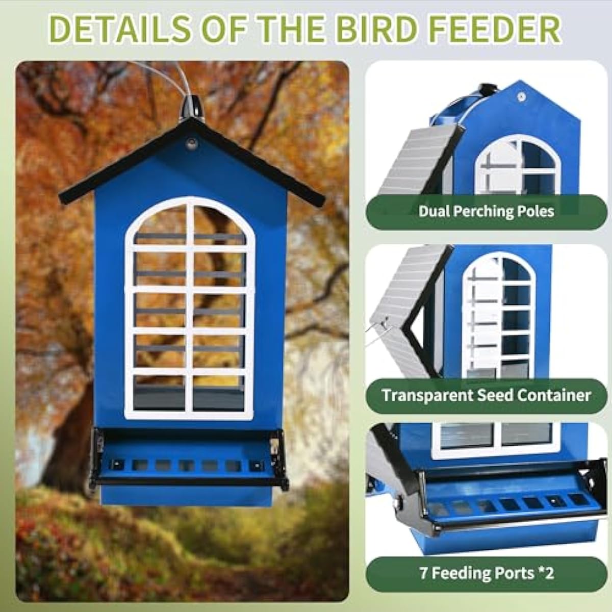 Bird Feeder Squirrel Proof Metal Hanging for Outdoor Wild Bird Seed, 5LBS with Bilateral Weight-Activated Perches, Heavy Duty Bird Feeders for Outside Wild Bird - Blue