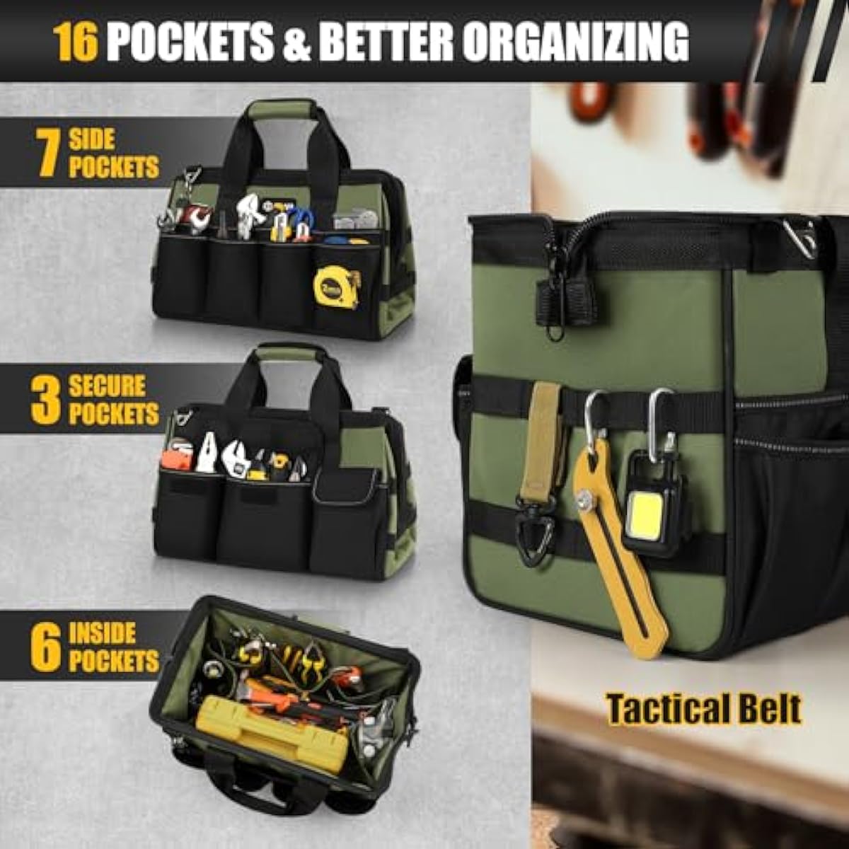 Heavy Duty Tool Bag 15-Inch, 16-Pocket Portable Empty Tool Box Organizer, Big Storage Toolbox Organization, Soft Handle Large Zipper Carrying Toolbag, Father Day Gifts for Him Dad Men, Green
