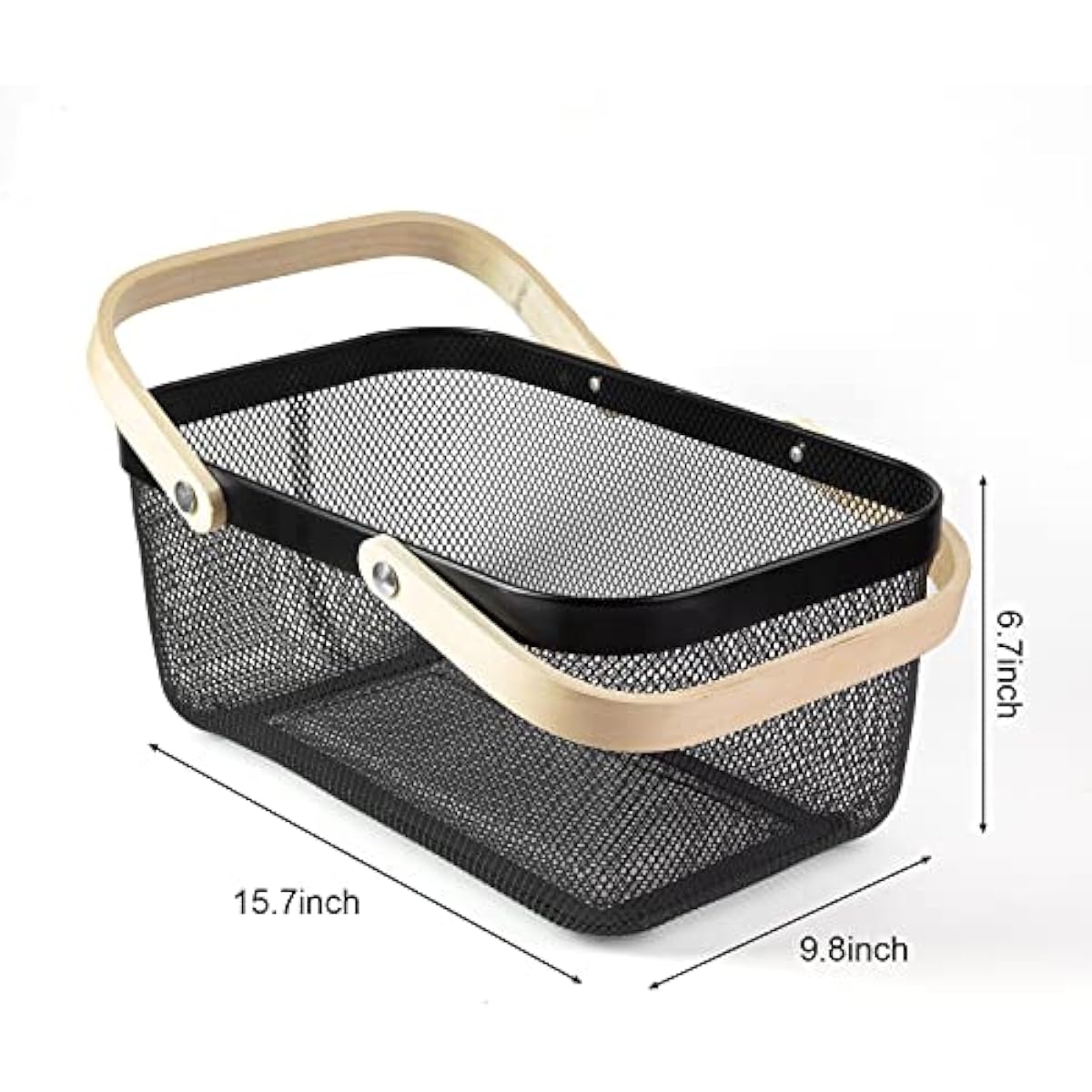 Portable Garden Harvest Basket-Mesh Design Natural Bamboo Handle Wire Storage Baskets,Mesh Basket with Handle Organize Items Reduce Space Occupation,Suitable for Kitchen,Garden,Picnic(Black)