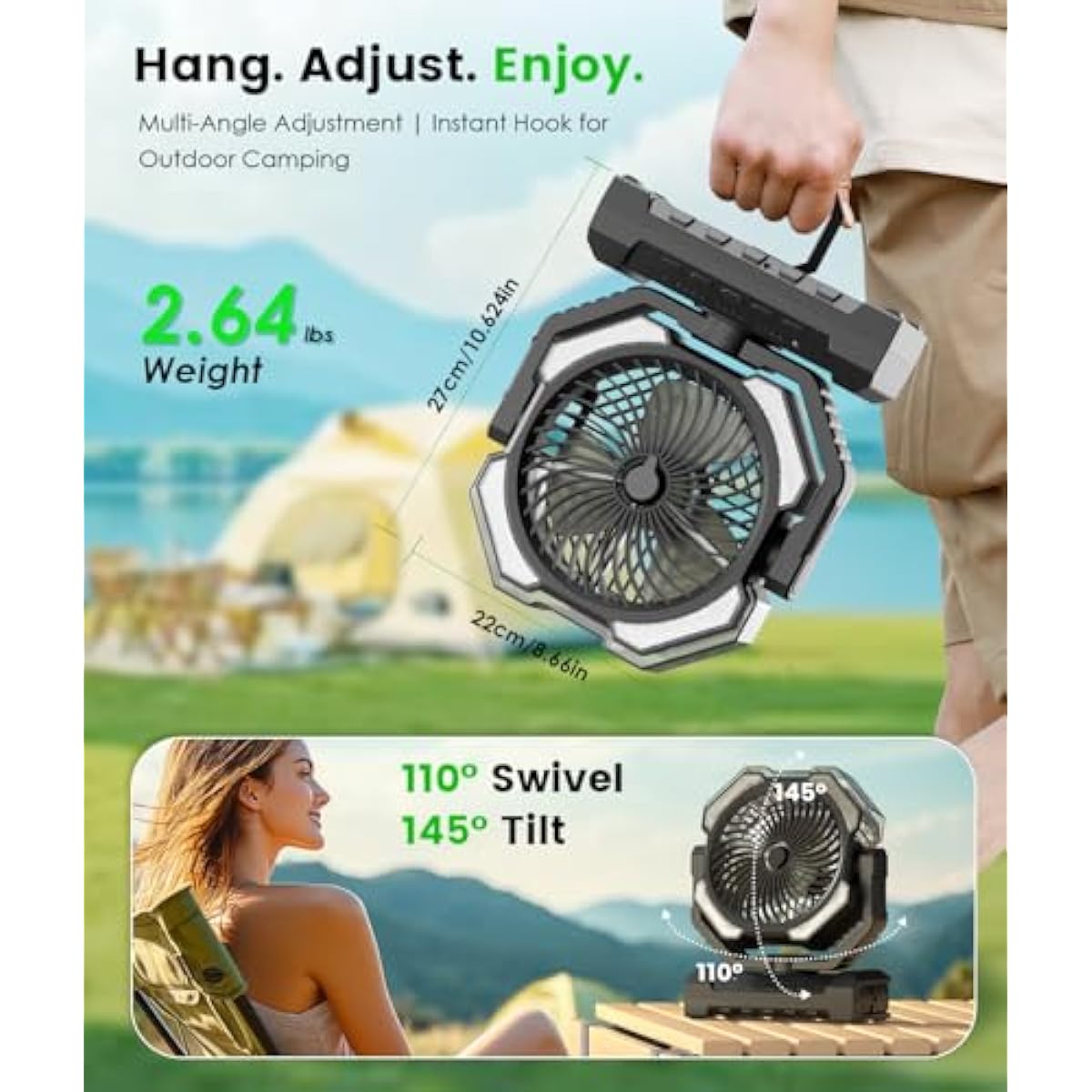 Camping Misting Fan - 24000mAh Portable Battery Powered Fans with 9oz Water Tank, Light, Hook - Rechargeable, 120H Cooling, Last 5H Mist, 4 Speed, Sleep Mode - Outdoor Gear, Travel Essentials