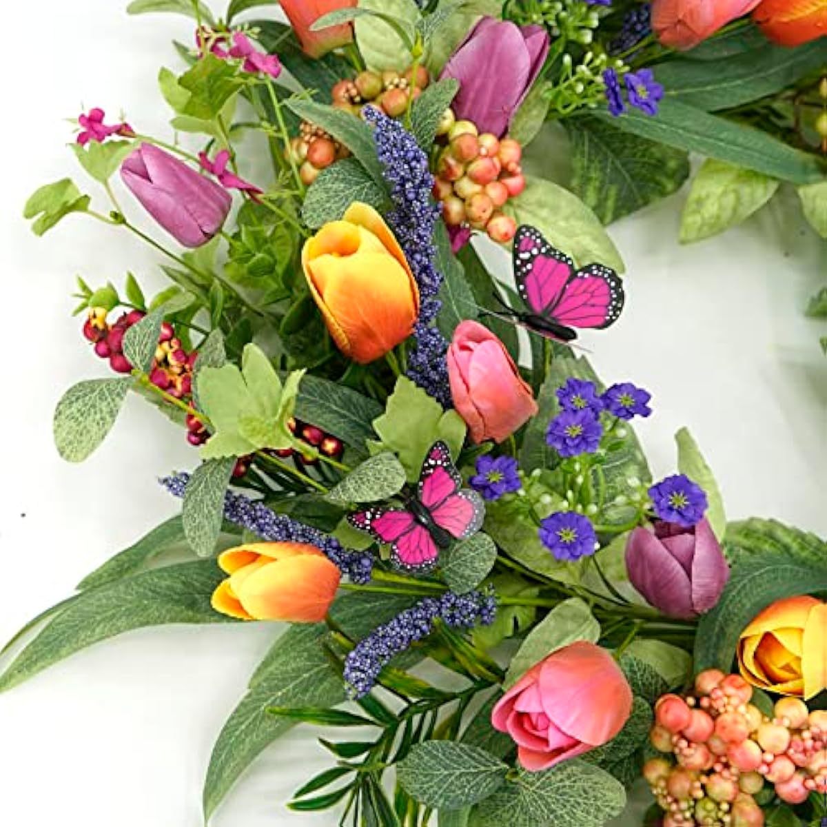 22 inch Spring Summer Wreath Tulip Wreath for Front Door with Purple Tassels, Eucalyptus Leaves, Ferns, Butterflies for Indoor Outdoor wall Festival Home Farmhouse Wedding Decor