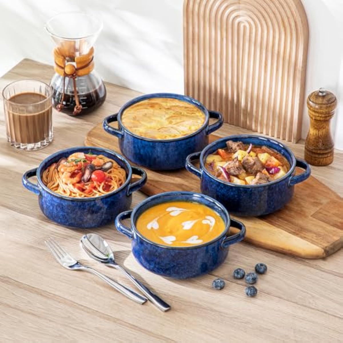 vancasso Starry Soup Bowls with Handles, 30 Oz French Onion Soup Bowls, Oven safe soup bowls for Cereal, Pasta, Chilli, Stew, Large Soup Crocks Set of 4, Blue