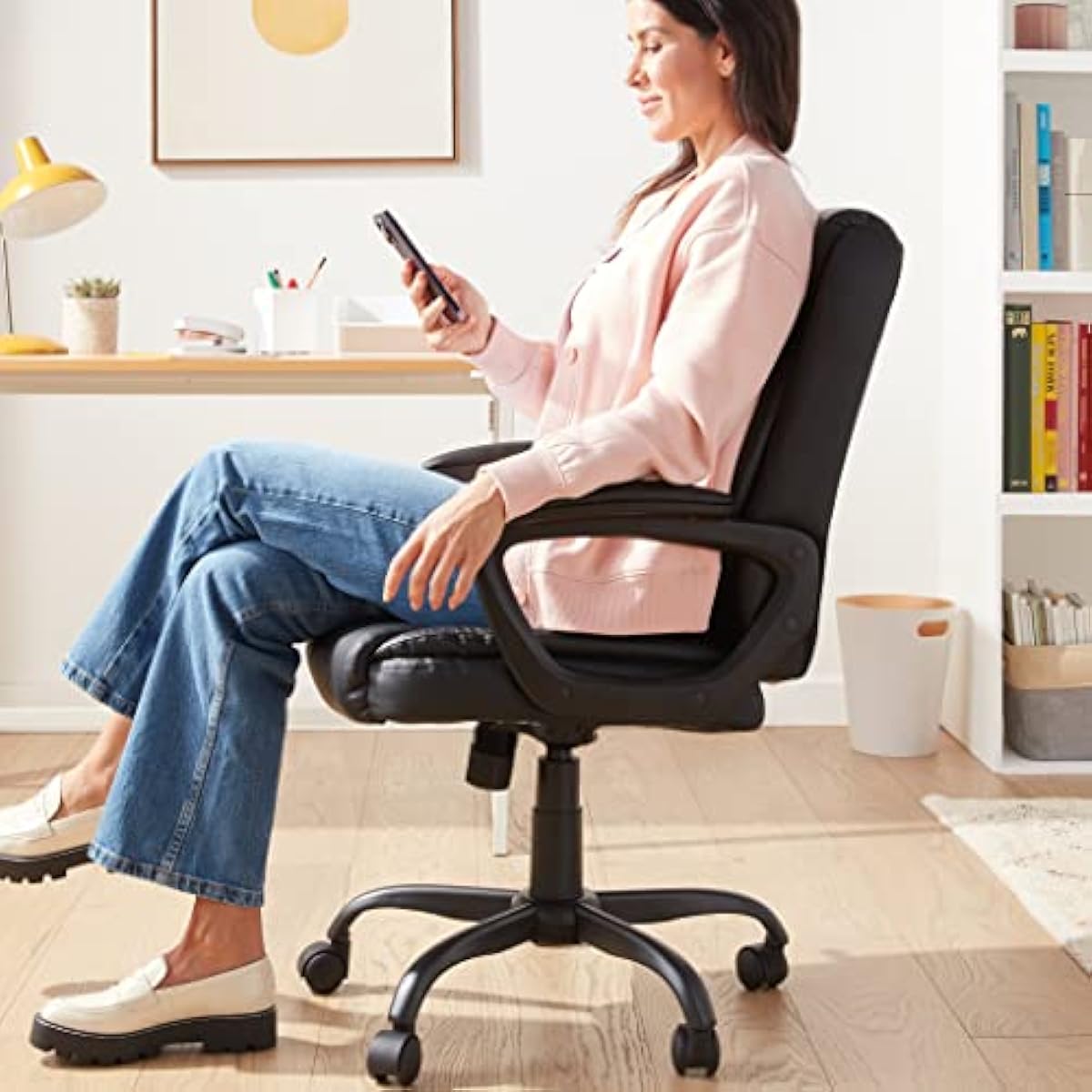 Amazon Basics Classic Puresoft PU Padded Mid-Back Office Desk Chair with Armrest, Easy Assembly, Sturdy Metal Base, Wheels, 275lb Support, 26"D x 23.75"W x 42"H, Black