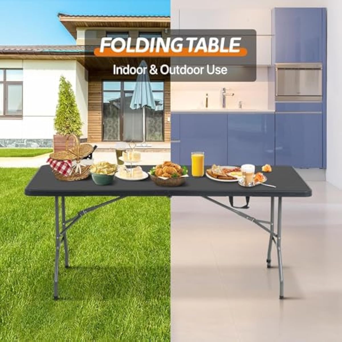 6ft Folding Table - Heavy Duty Portable 6 Foot Plastic Table with Fold-in-Half Design & Carry Handle, Indoor Outdoor Utility Table for Dining, Camping, Parties, Picnics, Tailgating (6FT, Black) ﻿