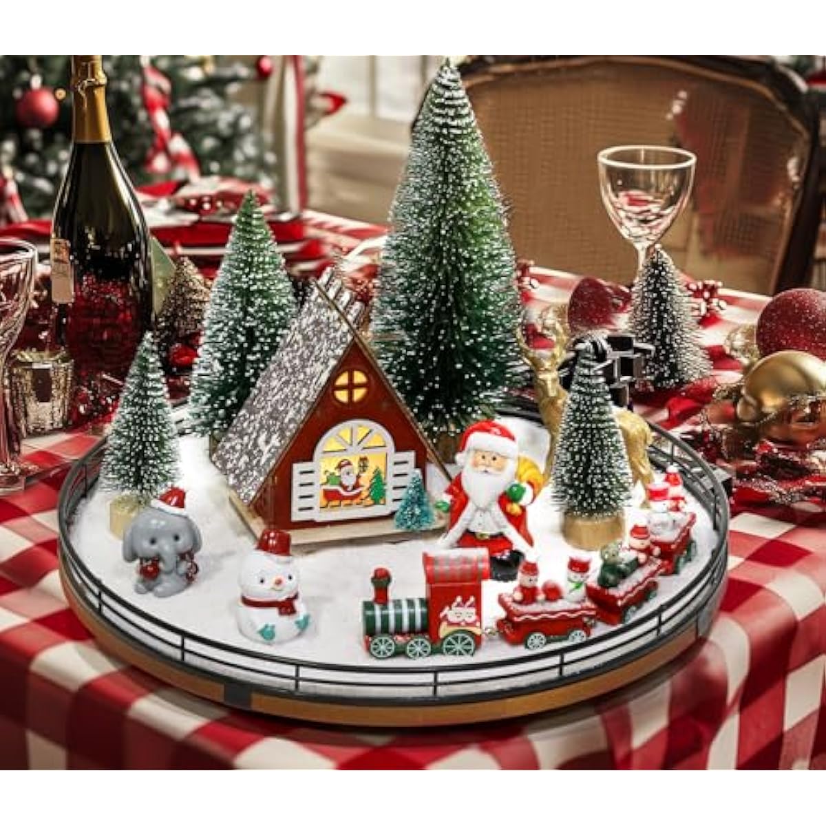 AMH 12 PCS Christmas Table Decorations Set with Oak Rotating Base – Xmas Town Village Centerpiece with Santa, Train, House, Trees & Figurines, Tabletop Decorations for Holiday Dining & Coffee Tables