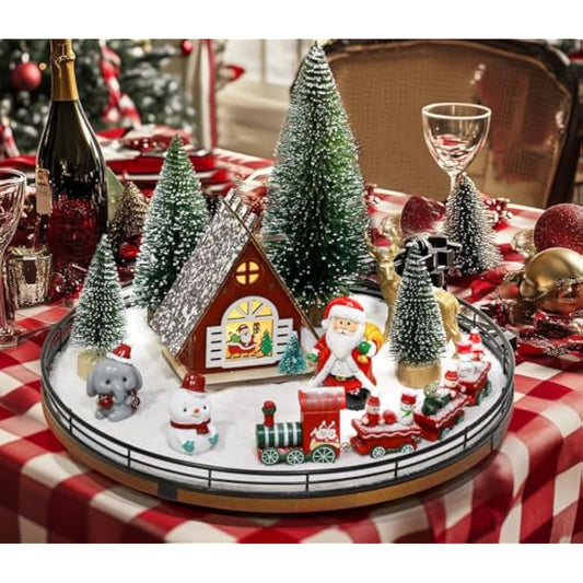 AMH 12 PCS Christmas Table Decorations Set with Oak Rotating Base – Xmas Town Village Centerpiece with Santa, Train, House, Trees & Figurines, Tabletop Decorations for Holiday Dining & Coffee Tables