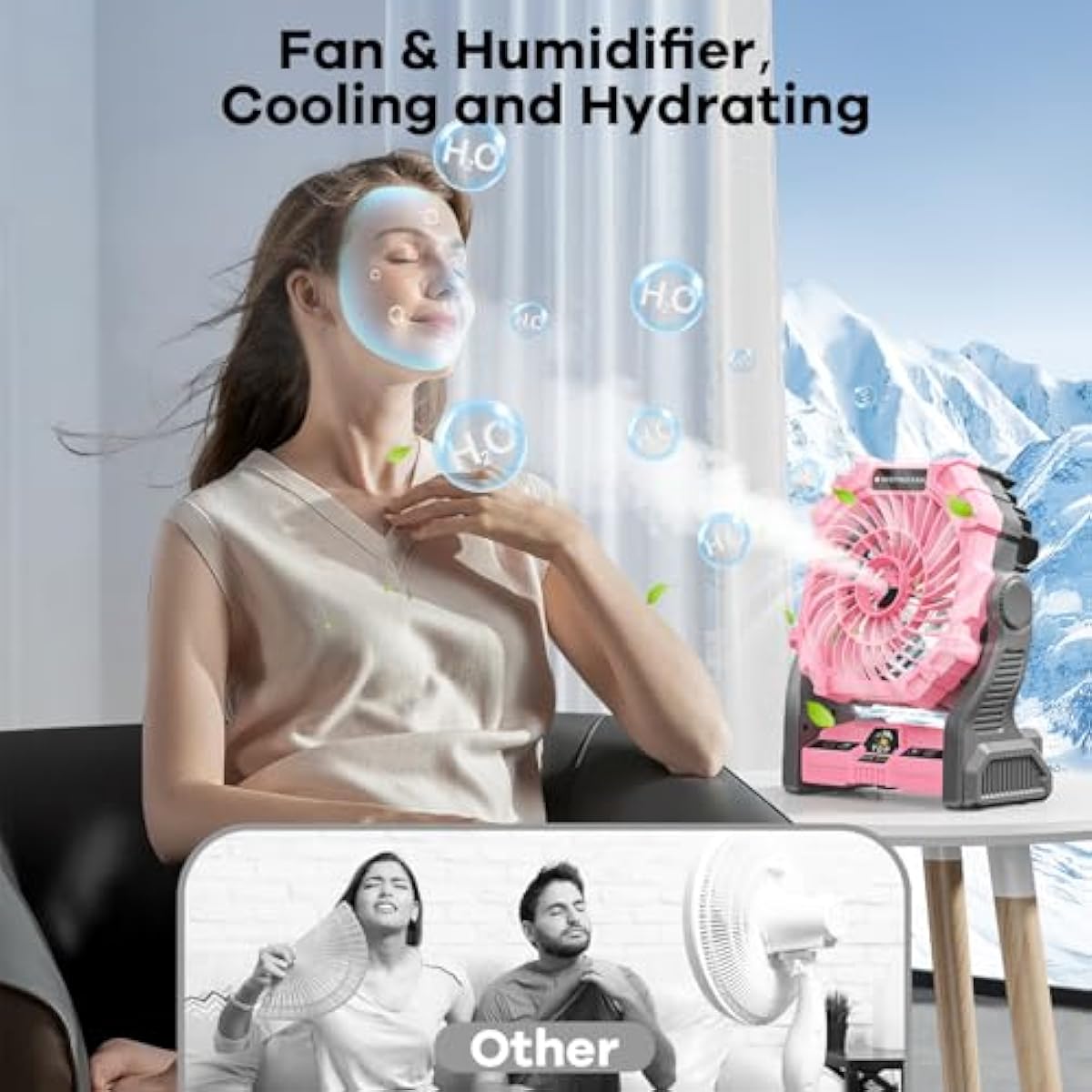 Misting Fan Portable with RGB Lantern, 30000 mAh Rechargeable Camping Mist Fan with Emergency Battery Power Bank Hurricane Supplies, Perfect Cooling Mister for Outdoor Travel