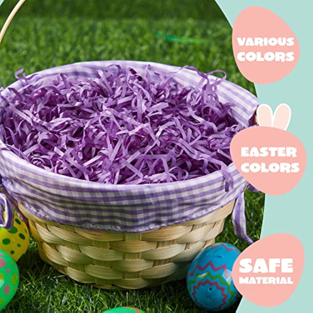 JOYIN 4 Pcs Easter Bamboo Baskets Gift Woven Baskets with Handles and 4 Colors Grass Paper Shreds, Candy Wicker Candy Toys Storage Bucket for Easter Egg Hunt, Kids Party Supplies(9" X 8")