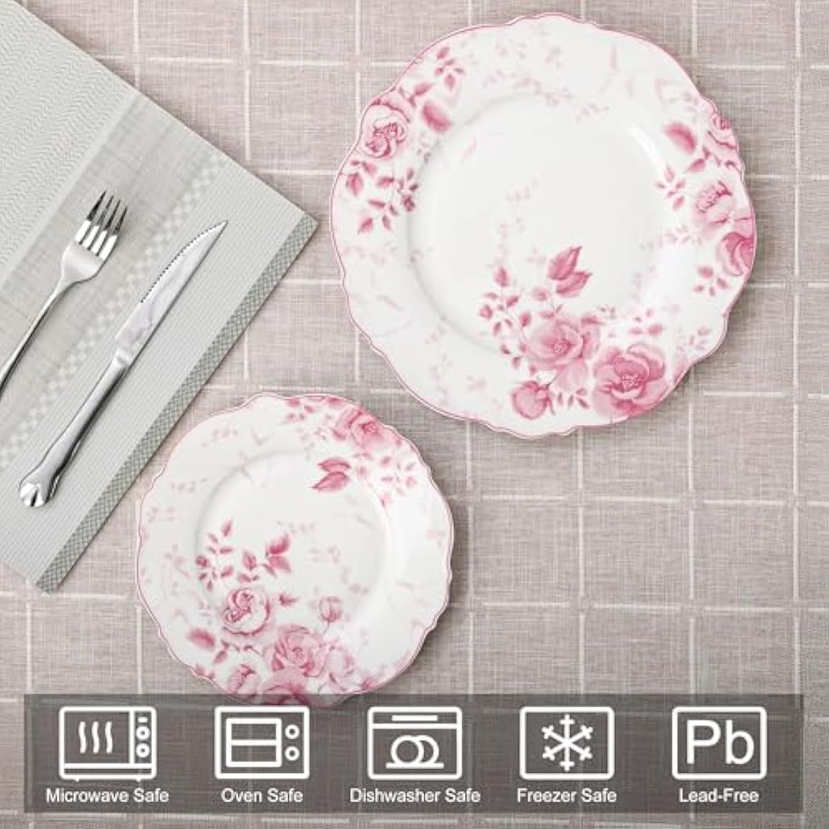 fanquare 8.5 Inch Pink Floral Dessert Plate Sets of 4 British Elegant Porcelain Snack Appetizer Dinner Plates Service Microwave & Dishwasher Safe