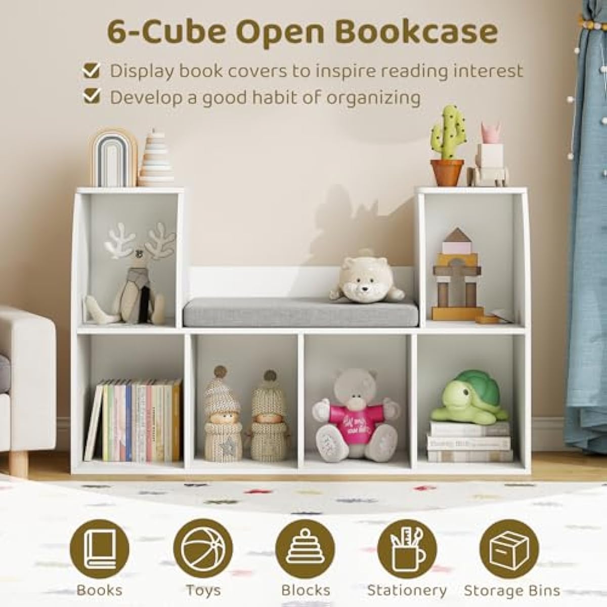 Costzon Kids Bookshelf with Reading Nook, 6 Cubby Bookcase with Soft Seat Cushion, Wooden Toy Storage Organizer with Bench, Book Shelf for Kids Room, Playroom, Nursery, Daycare
