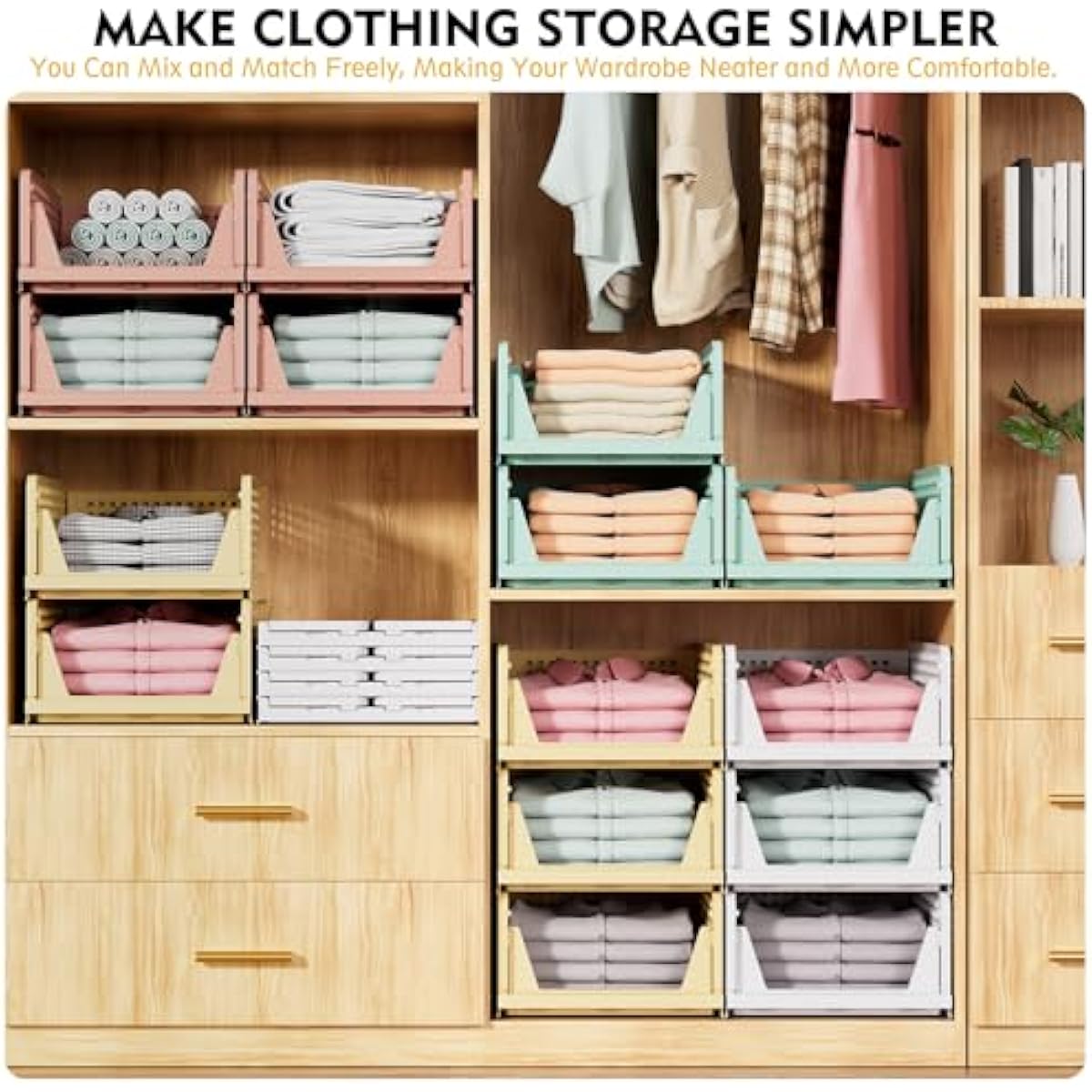 SNSLXH 5 Pack Stackable Closet Organizer Box, Multifunctional & Foldable Closet Storage Basket for Bathroom Kitchen Laundry Room Wardrobe Storage, Space-Saving Clothes Storage Drawer Organizer, Pink