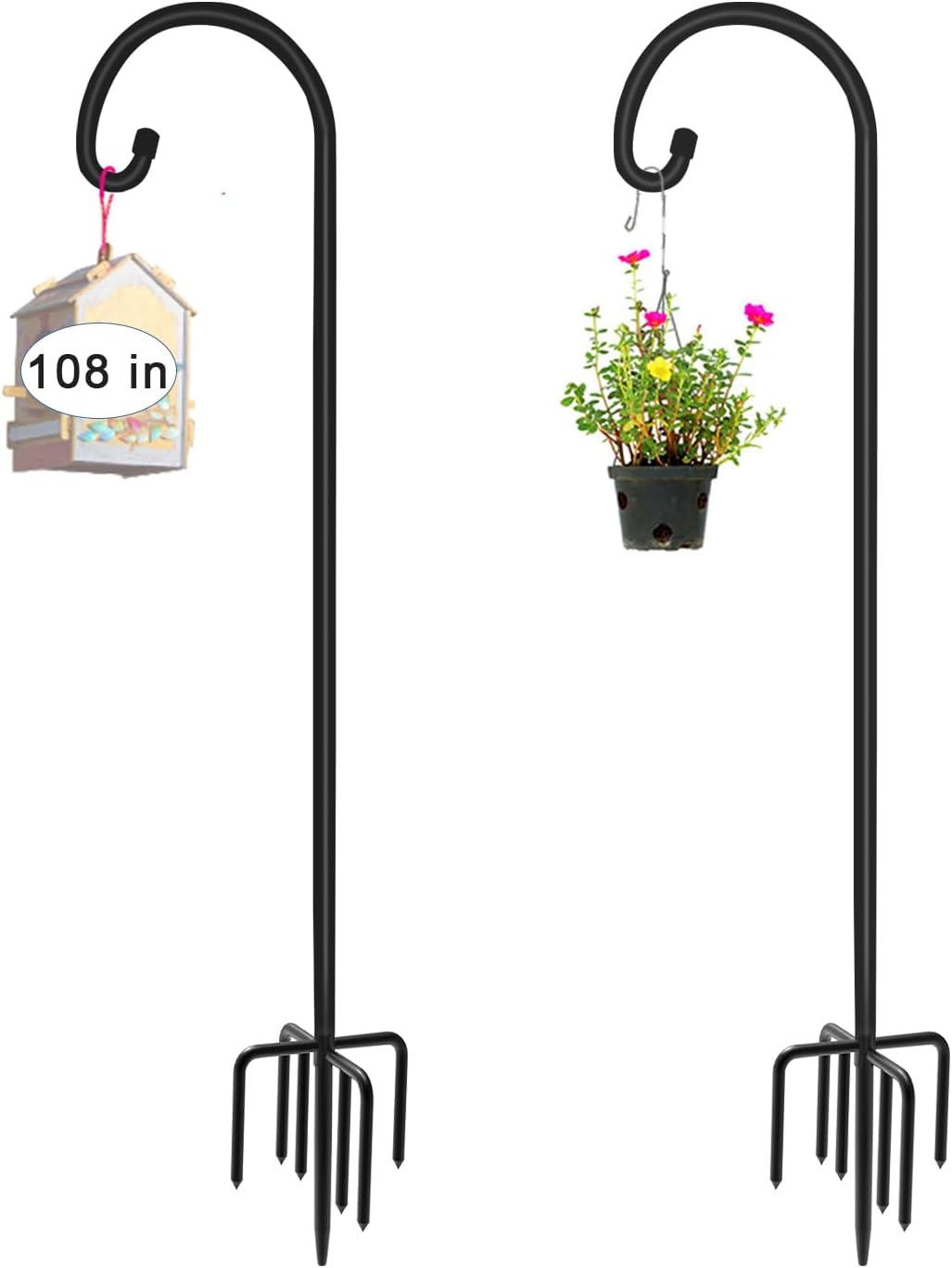 Artigarden 108 inch Outdoor Shepherd Hook with 7 Prong Base (1 Pack), Adjustable Heavy Duty Garden Hanging Stake for Bird Feeder Solar Light Plant Hanger Wedding Decor, Matte Black