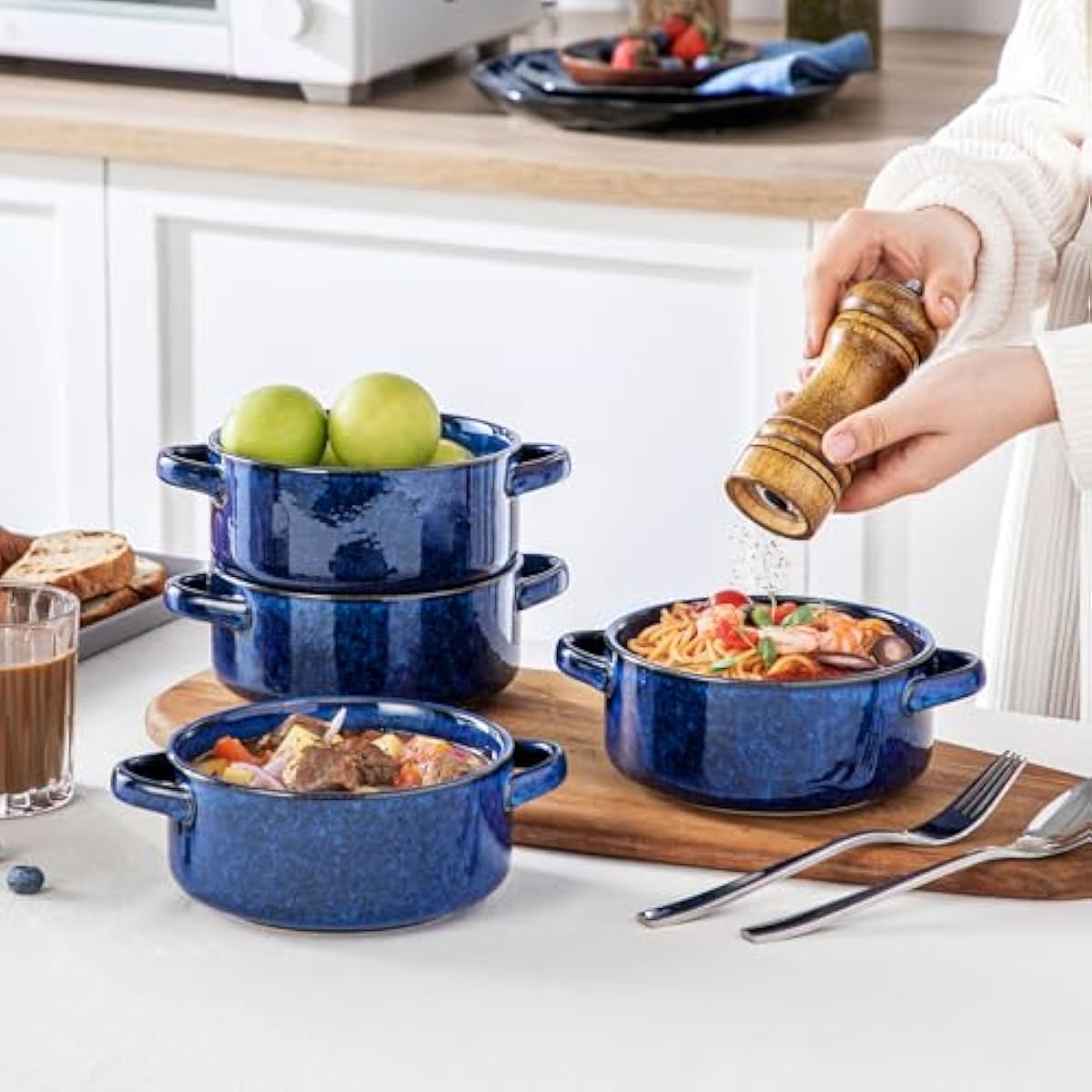 vancasso Starry Soup Bowls with Handles, 30 Oz French Onion Soup Bowls, Oven safe soup bowls for Cereal, Pasta, Chilli, Stew, Large Soup Crocks Set of 4, Blue