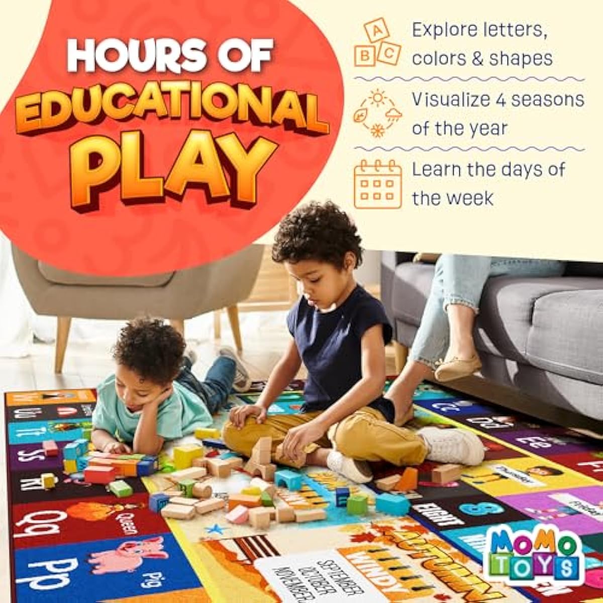 Educational Rug – Non-Slip ABC Carpet for Kids Room – 55" x 39" Soft Alphabet Kids Rug for Playroom, Daycare, Preschool, Classroom, Play Mat – Childrens ABC Mat with Letters Numbers Animals Months