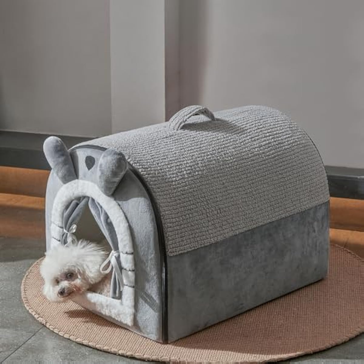 Jiupety Small Dog House Indoor, Dog Cave with Door Curtain Design, Puppy House with Reversible Washable Cushion, M Size Portable Pet Cave for 7-13 lb Cats and 5-11 lb Dogs, Non-Slip Bottom, Grey