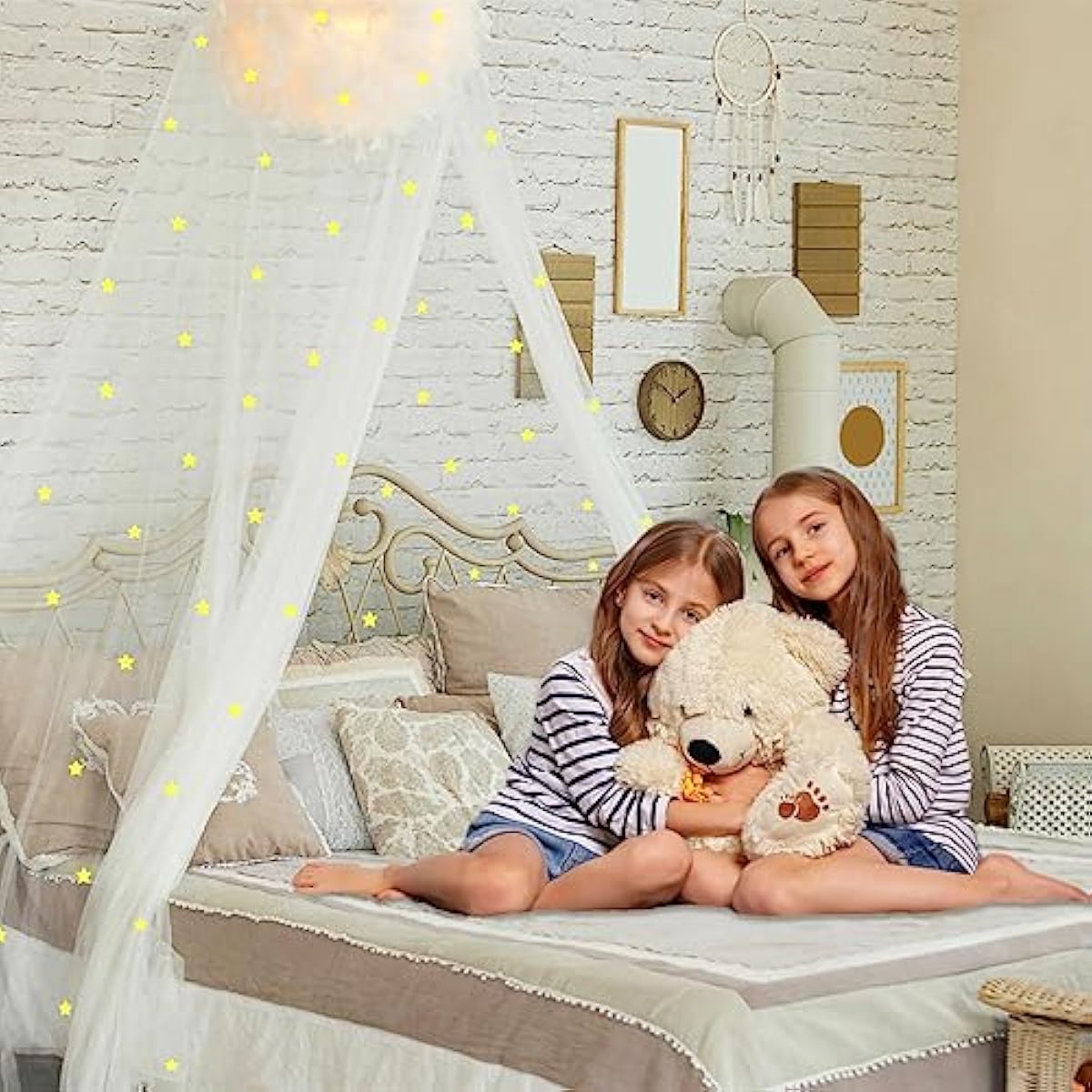 Eimilaly Bed Canopy for Girls Mosquito Net, Princess Bed Canopy for Girls Room Decor - Insect Protection Hanging Canopy for Indoor(Pink,Stars Glow in the Dark)