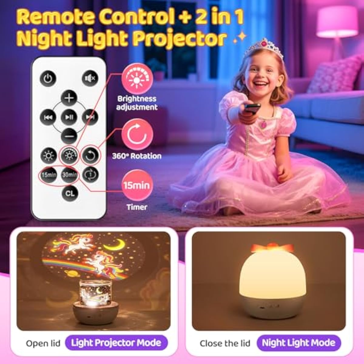 Pikoy Unicorn Toys for Girls Gifts, 15 Films+15 Lullaby Sound Machine for Kids Night Light Projector, Remote+Rechargeable Night Light for Kids Gifts, 360 °Rotation Princess Mermaid Toddler Girl Toys