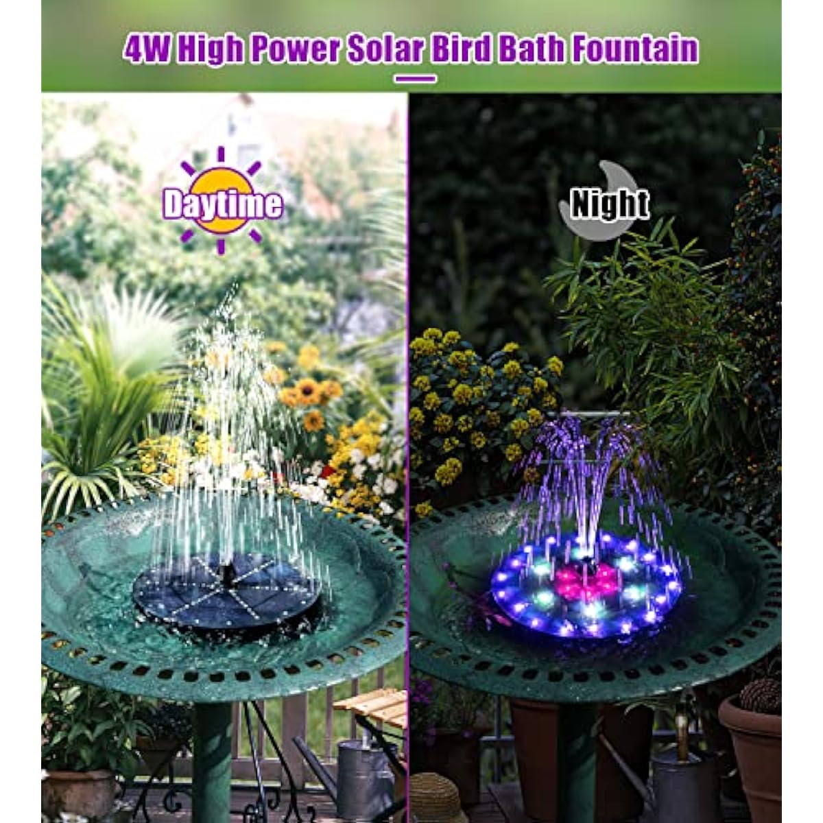 SZMP Solar Fountain 4W Bird Bath Fountains Upgraded 60 LED Lights, Built-in 4000 mAh Battery with 7 Nozzles & 4 Fixers, Solar Water Fountain for Garden, Bird Bath, Pool, Pond, Outdoor