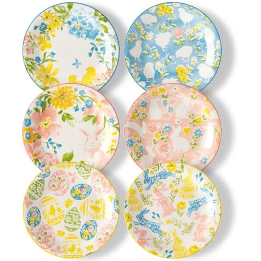 Easter Salad Plates, 8" Ceramic Bunny Plate Set, Dessert Appetizer Dishes Set of 6, Watercolor Style, Dishwasher & Microwave Safe, Set of 6