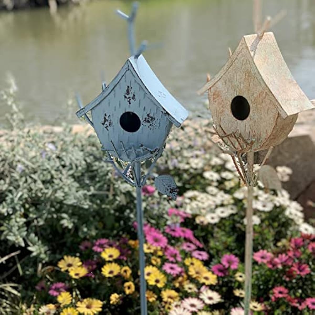 Bird Houses for Outside with Pole, Metal Birdhouse Stake for Outdoors Rustic Bird House On Pole Stand Farmhouse Birdhouse Decor Decorative Garden Yard Art 39" H Blue