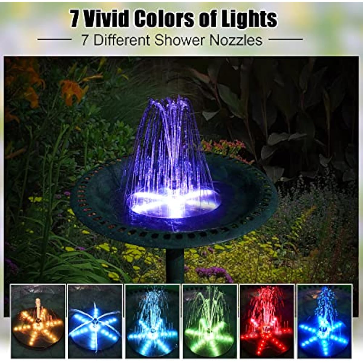 Solar Bird Bath Fountains Upgraded, 4W Solar Powered Water Fountain Pump with 4000 Battery, 7 Nozzles & 4 Fixers, Colorful LED Lights for Garden, Pond, Swimming Pool, Fish Tank, and Outdoor