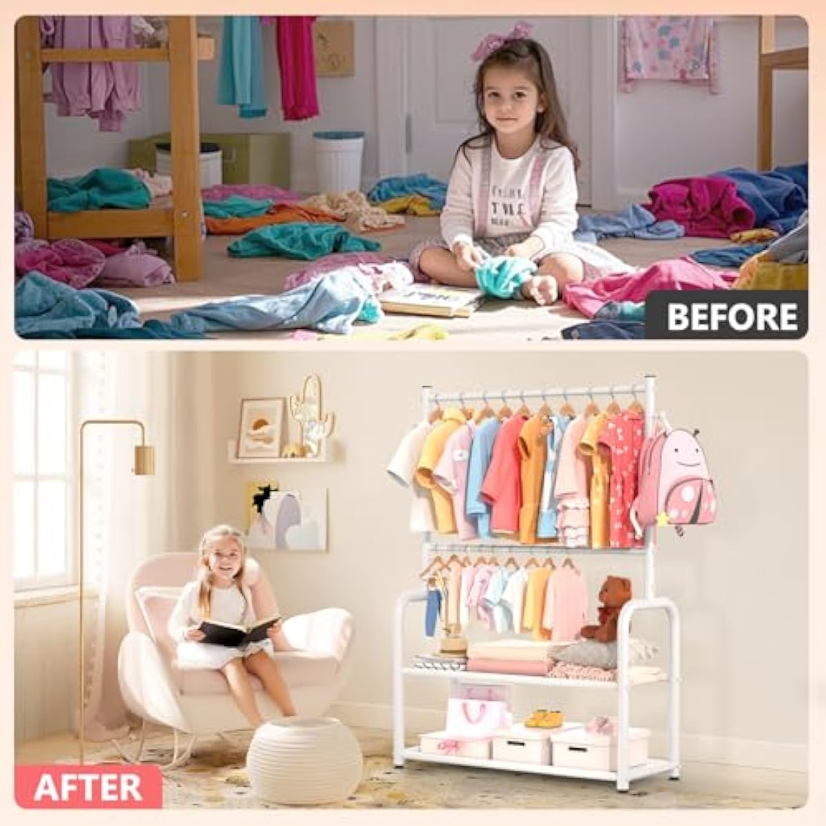 Kids Clothing Rack with 2-Layer Storage Shelf and 2 Adjustable Hanging Rods, Dress Up Rack for Hanging Clothes,Dress up Storage for Baby Toddle Kids(Classic, White)