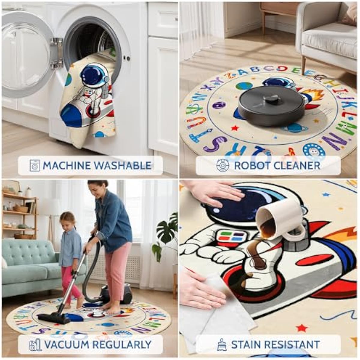 ABC Kids Alphabet Round Rug 4ft, Washable Soft Circle Nursery Rug, Non-Slip Educational Carpet with Space Astronaut Design for Classroom, Playroom & Kids Room Decor Blue