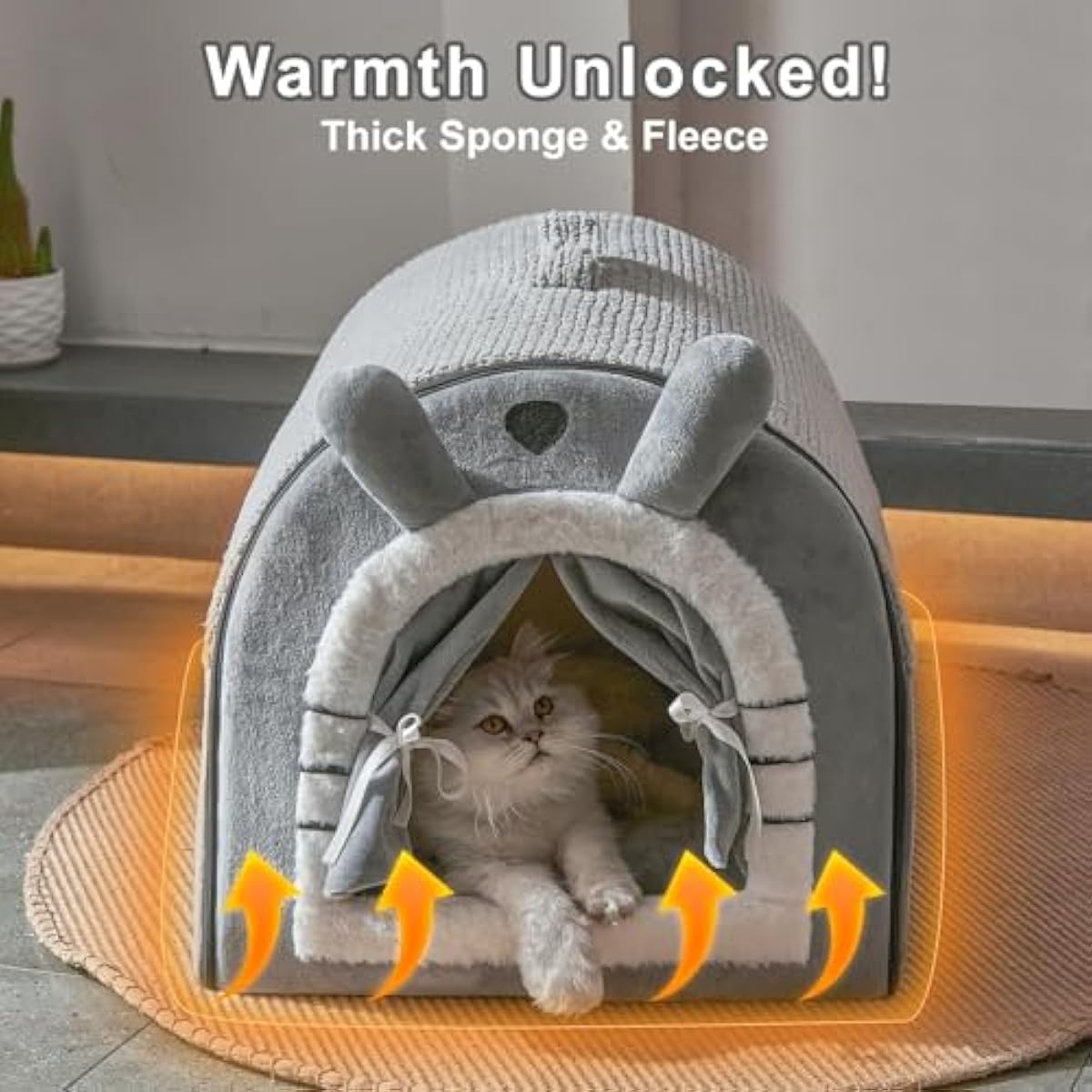 Jiupety Small Dog House Indoor, Dog Cave with Door Curtain Design, Puppy House with Reversible Washable Cushion, M Size Portable Pet Cave for 7-13 lb Cats and 5-11 lb Dogs, Non-Slip Bottom, Grey