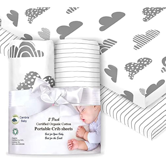 100% Organic Cotton Fitted Sheets Fit and are Compatible with Graco Pack n Play, Babyletto, Pamo Babe, Hiccapop, Dream on Me, Evenflo, Baby Trend Portable/Mini Crib/Playards. 2 Pk