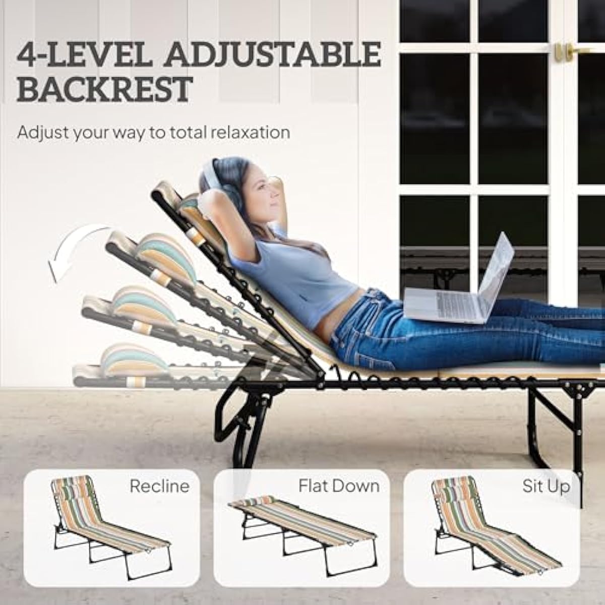 Outsunny Folding Chaise Lounge Chair, Patio Sun Tanning Chair, Outdoor Chaise Lounger with 4-Position Reclining Back, Breathable Mesh Seat for Beach, Poolside, Yard, Rainbow Striped