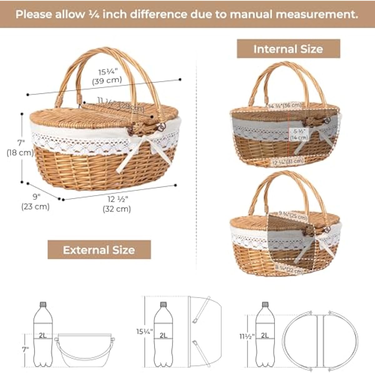 GRANNY SAYS Picnic Basket, Wicker Basket with Lid, Woven Cute Basket with Handle, Storage Basket with Washable Lining & Dual-Flid Lid, Natural Willow Picnic Hamper, White Lining