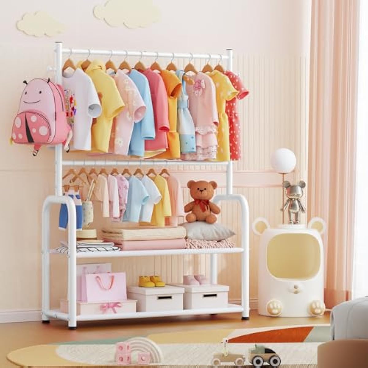 Kids Clothing Rack with 2-Layer Storage Shelf and 2 Adjustable Hanging Rods, Dress Up Rack for Hanging Clothes,Dress up Storage for Baby Toddle Kids(Classic, White)