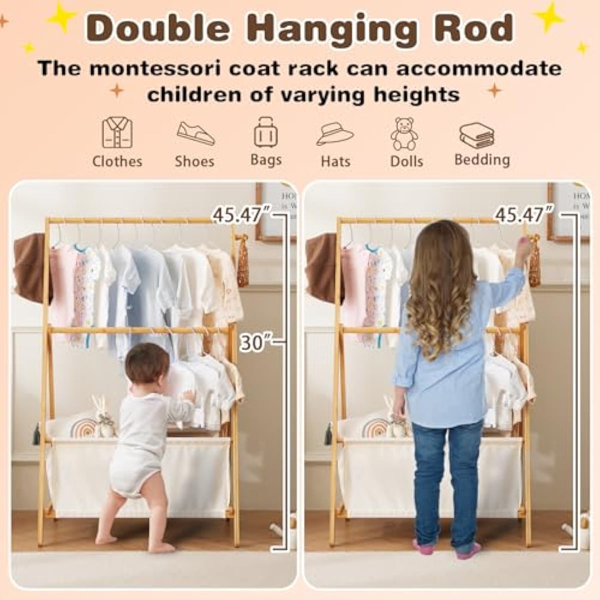 Kids Clothing Rrack- Kids Dress Up Rack for Little Girls, Bamboo Kids Clothes Rack-Feat FSC-Certified wood, Toddler Dress Up Storage Rack & Folding Costume Rack, Pets Clothes Rack, Natural