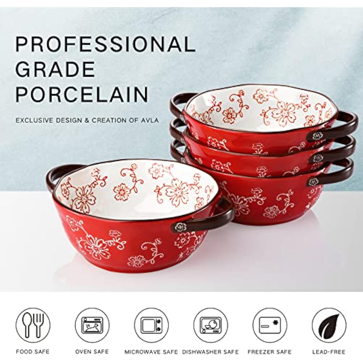 AVLA 4 Pack Ceramic Soup Bowls, 22 Ounces Porcelain Serving Bowl Set with Doundle Handle, Large Ceramic Crocks for French Onion Soup, Stew, Pasta, Cereal, Pot Pies (Red)