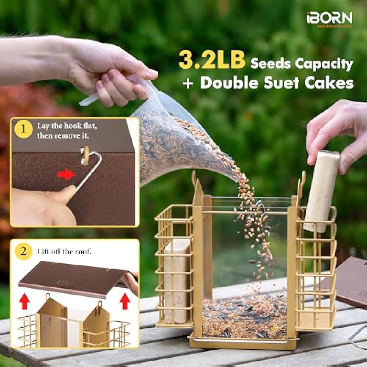 iBorn Bird Feeders for Outdoors,Bird Feeder with Double Suet Holders,Suet Feeder for Outside,Weatherproof Metal Roof,Easy to Refill&Clean,3.2 LBs Seed Capacity+2X Cake,1 Pack,Coffee Roof & Yellow Grid