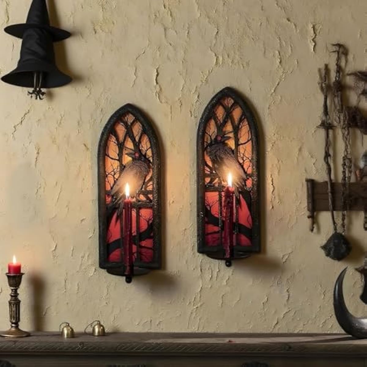 Gothic Wall Candle Sconces Set of 2, Wrought Iron Crow Wall Mounted Candelabra Holder with Removable Trays for Taper & Pillar Candles, Medieval Cathedral Window Design, Dark Academia Decor