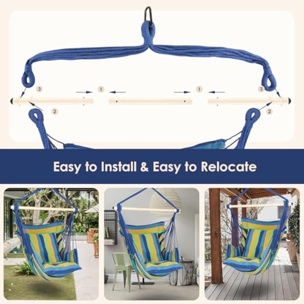 Highwild Hammock Chair Hanging Rope Swing - Max 500 Lbs - 2 Cushions Included - Steel Spreader Bar with Anti-Slip Rings - for Any Indoor or Outdoor Spaces (Blue Striped)
