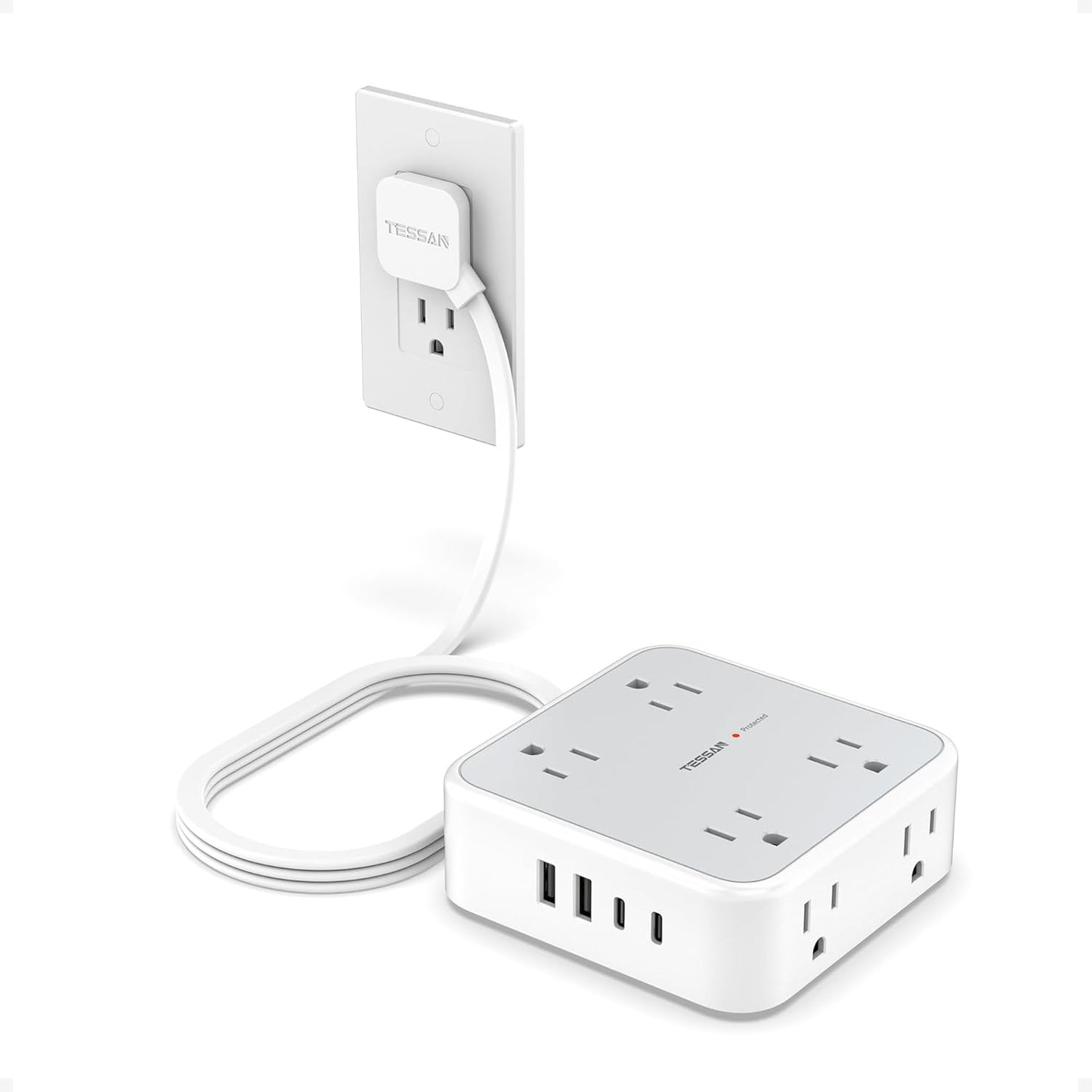 TESSAN Surge Protector Power Strip, 5 Ft Flat Plug Extension Cord with 3 USB (1 USB C) 8 Outlets, 1250W, 900J Protection, 3 Sided Outlet Extender with Power Switch for Office, Dorm Room Essentials
