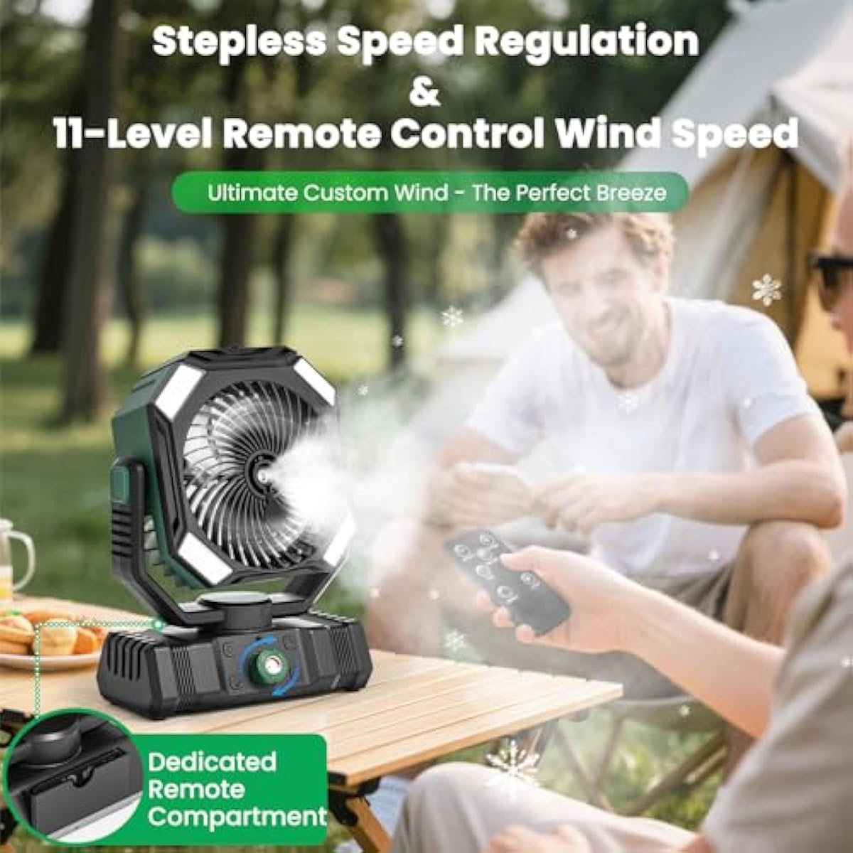 Camping Fan Rechargeable - 30000mAh Battery Powered Misting Fan for Outdoor Beach Tent - Portable Battery Operated Tent Air Conditioner for Camping - Glamping Essentials
