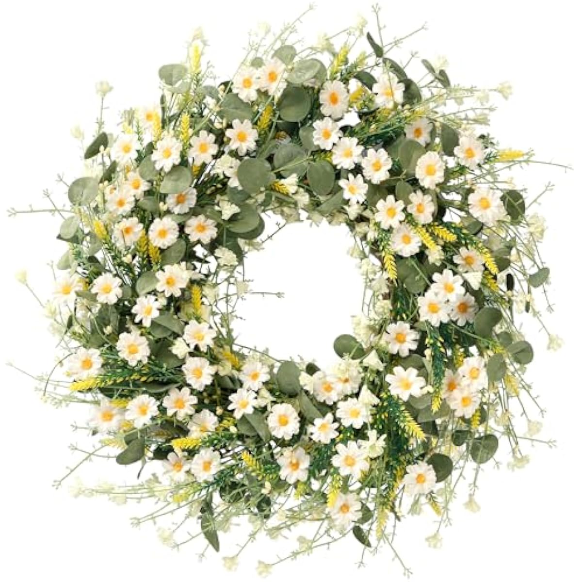 Sggvecsy White Daisy Wreath 24 Inch with Fake Silk Floral Green Eucalyptus Leaves and Lavender for Spring Summer Front Door Window Wall Wedding Farmhouse Festival Decor