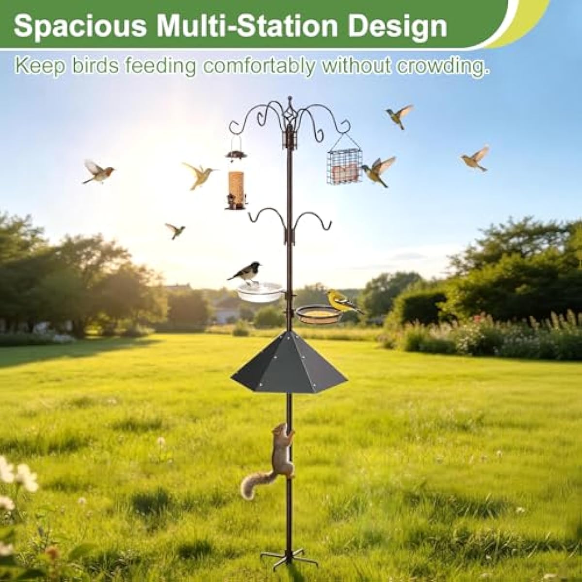 94" Bird Feeding Station Kit with Metal Squirrel Baffle, Heavy Duty Metal Bird Feeding Station with Seed Tray＆Mesh Basket, Easy Assembly Ground Mounted Bird Feeder Pole for Garden Yard Outdoor