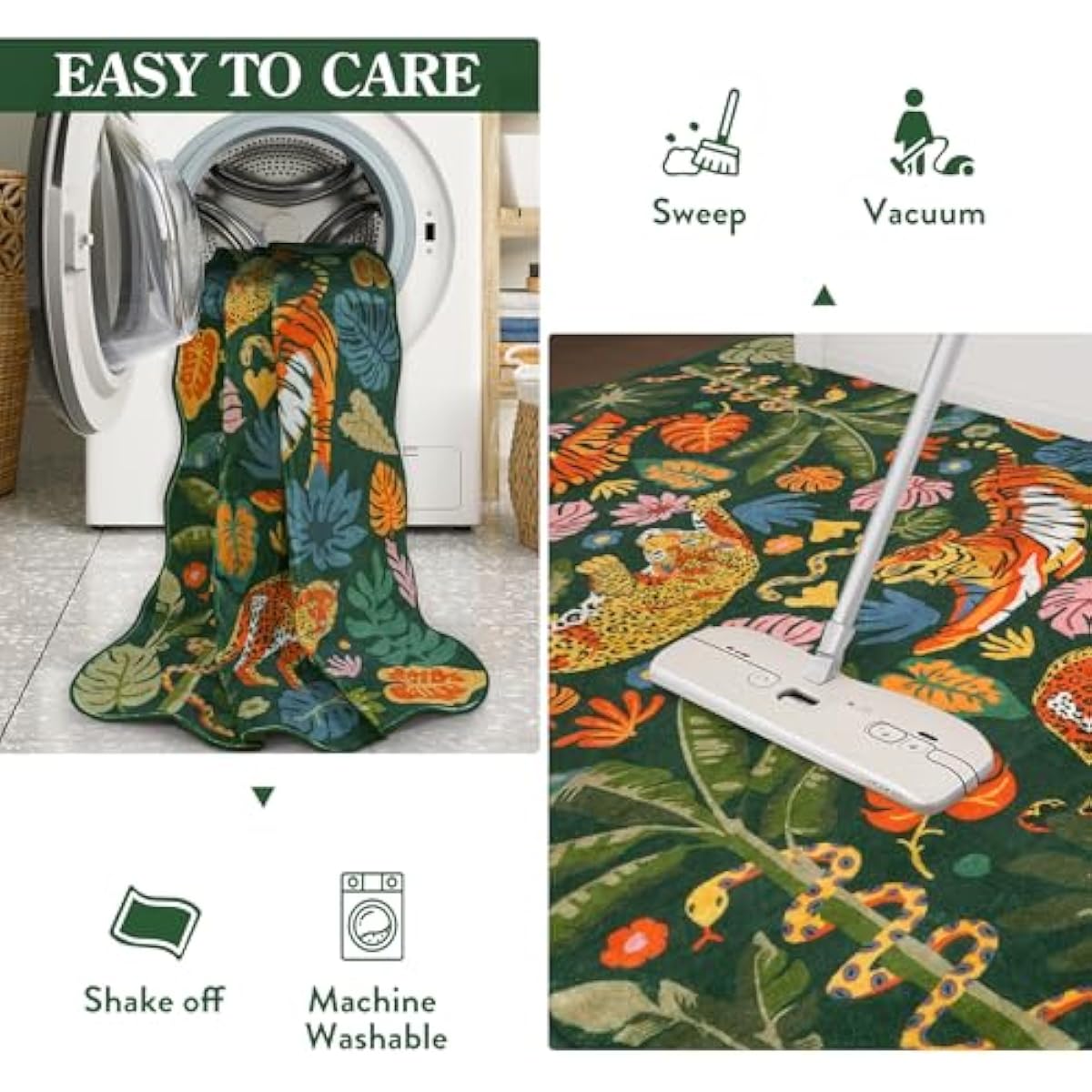 LEEVAN Jungle Animal Nursery Rugs 5x7, Washable Green Tiger Living Room Rugs Non Slip Scalloped Tiger Bedroom Rug, Low Pile Leopard Floor Carpet Leaf Print Kids Rug