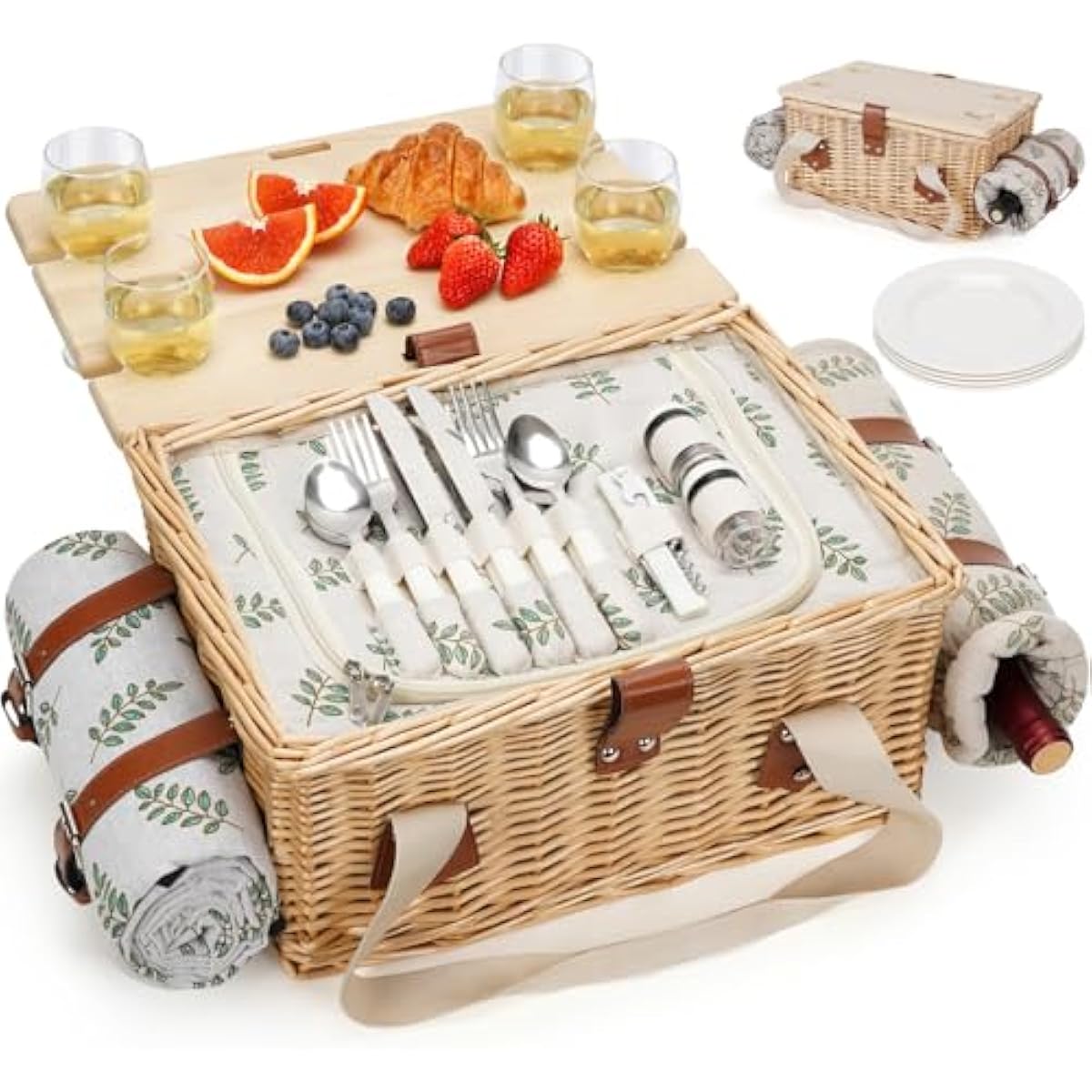 HappyPicnic Picnic Basket for 4, Handmade Wicker Picnic Set with Folding Table and Waterproof Blanket, Large Insulated Picnic Basket with Wine Bag & Cutlery Kit for Picnic, Camping, Holidays (Leaf)