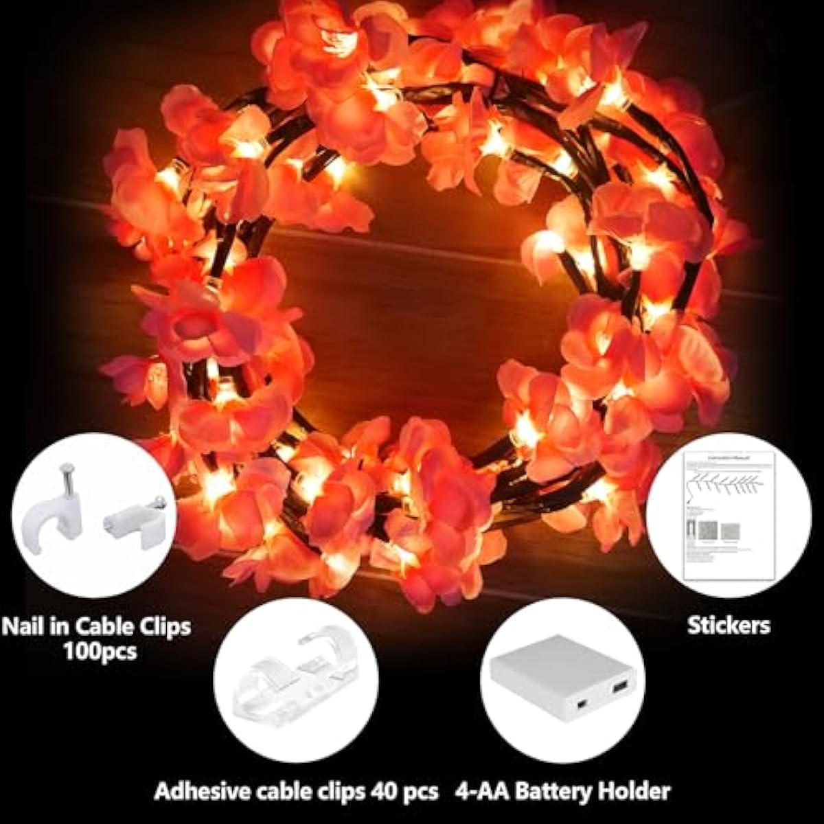 Cherry Enchanted Willow Vine Lights, 4FT 48LED Pink Cherry Blossom Tree Branch Lights for Wall, Remote Timer,8 Light Model,Bedroom Wall Doors Wedding, Christmas, USB Battery Box