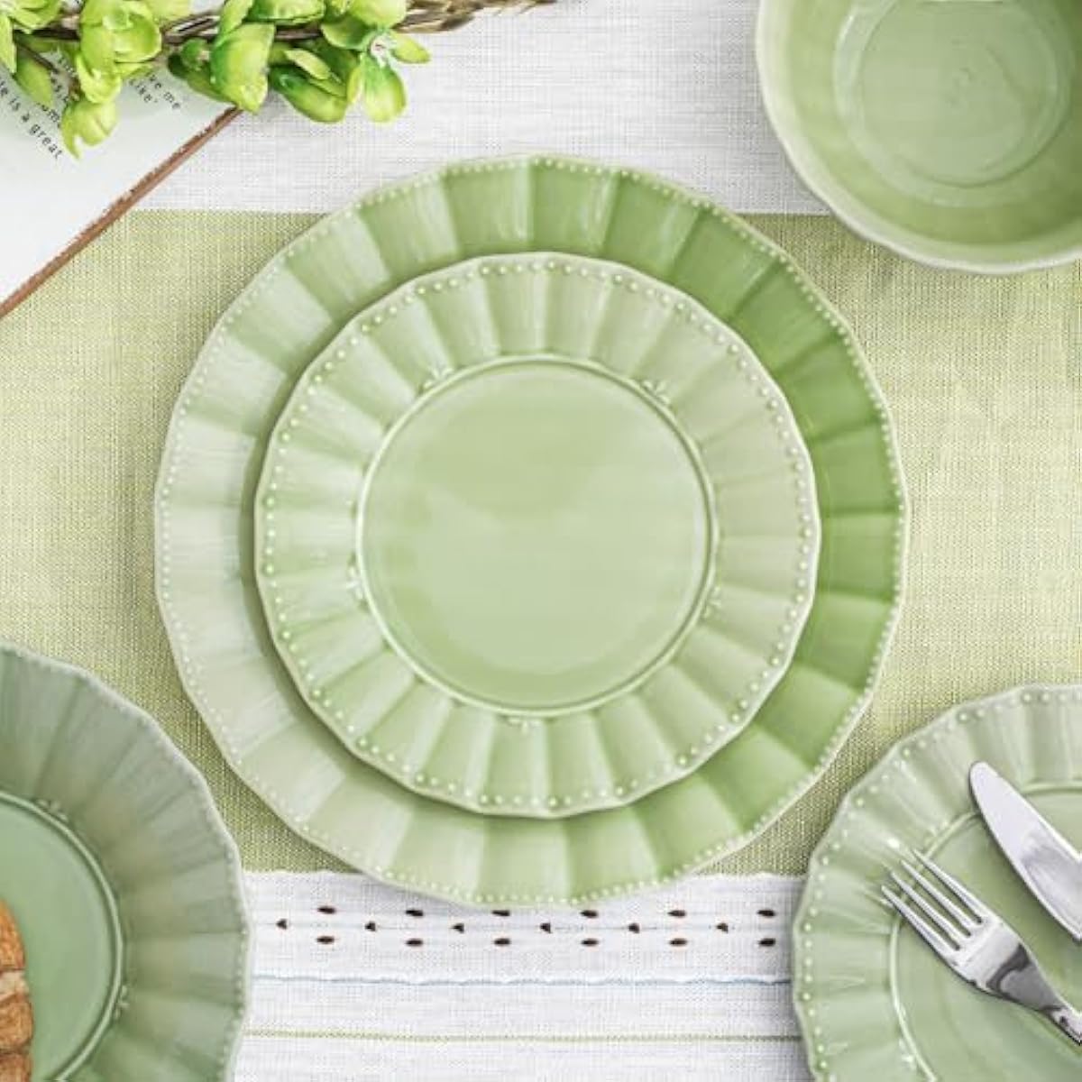 HOMBENE Dessert Plates 8 Inches Set for 6 Ceramic Serving Plates, Plates for Cake Waffles,Wavy Style, Snacks, Pasta, Noodle,Dinner, Microwave & Dishwasher Safe (Mint Glow Green)