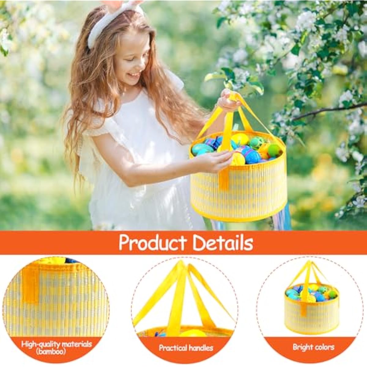 Foldable Easter Woven Bamboo Baskets Empty, 4 Pcs Easter Basket Bulk Set with Handle, Large Easter Baskets for Easter Egg Hunt Party Favor Picnic Supplies Gift Packing - Red Yellow Green Blue